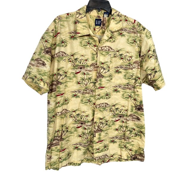GAP Hawaiian Shirt Mens Large Yellow Tropical Button Up Cotton Lightweight - Picture 4 of 9